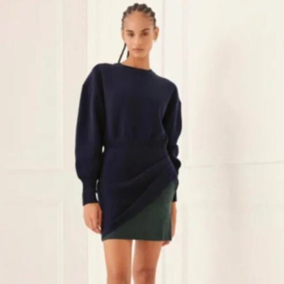 Something Navy Bi Color Blue Green Cotton Cashmere Sweater Mini Dress S - Picture 1 of 11